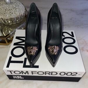 Versace Black Medusa Head Calfskin Leather Stiletto Platform Pump